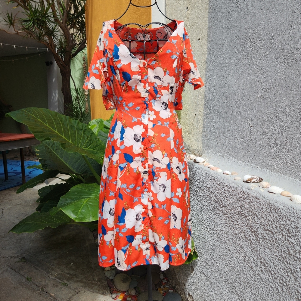 Anthropologie London Rose Flowy Red Floral Dress with Back Cutout